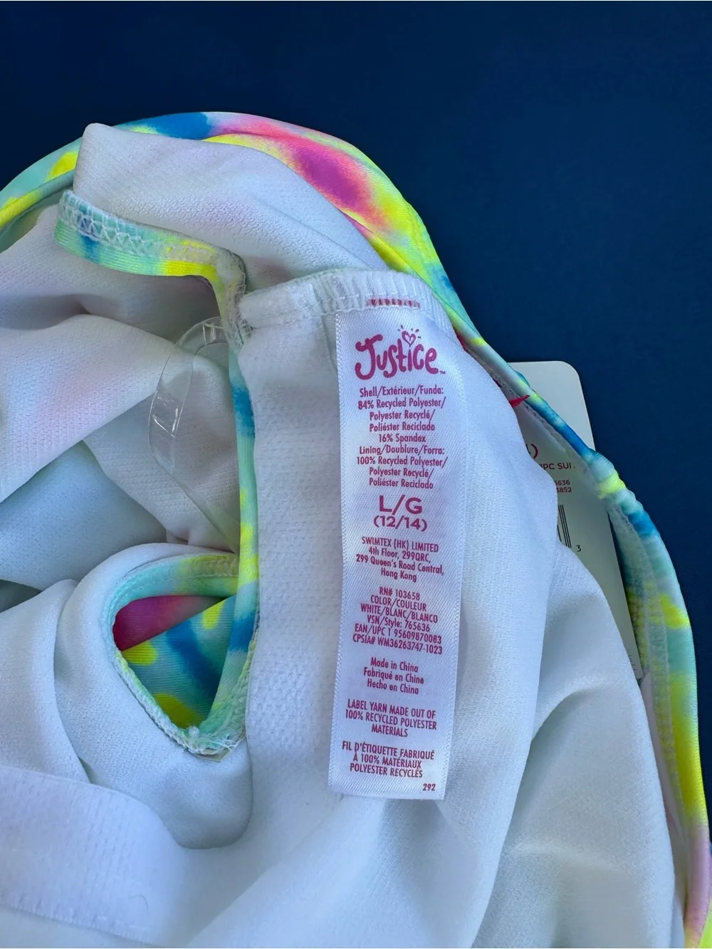 NWT Justice Tie-Dye One-Shoulder Swimsuit in Neon Blue, Yellow & Pink Size 12-14